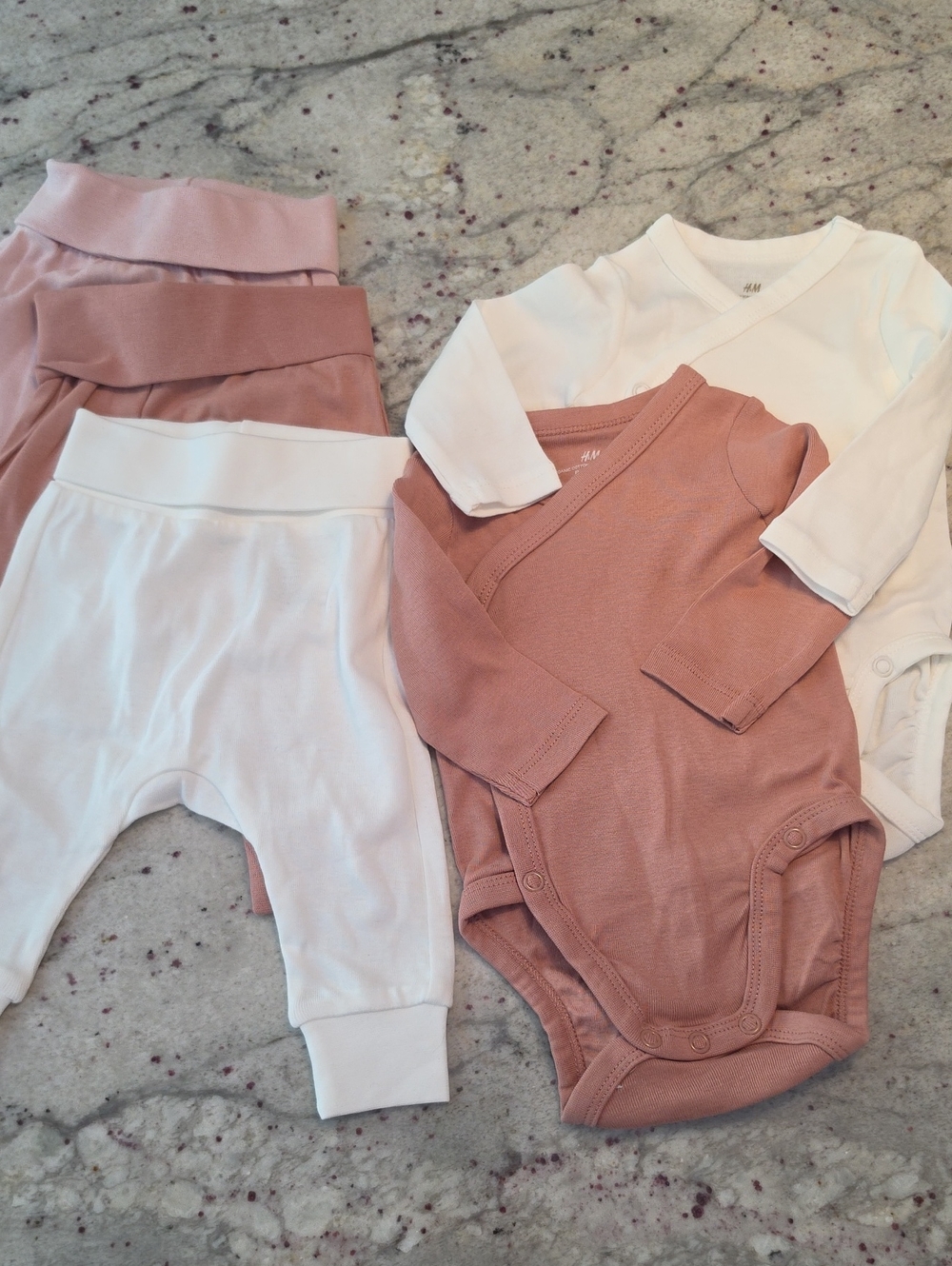 H&M Baby Basics Set - Rose Taupe & White 3 Pants 2 Tops Nwot